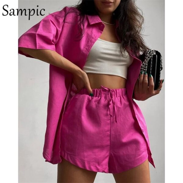 Sampic Loung Wear Tracksuit Women Shorts Set Stripe Long Sleeve Shirt Tops And Waist Loose High Mini Shorts Two Piece Sets 2021 - Image 13
