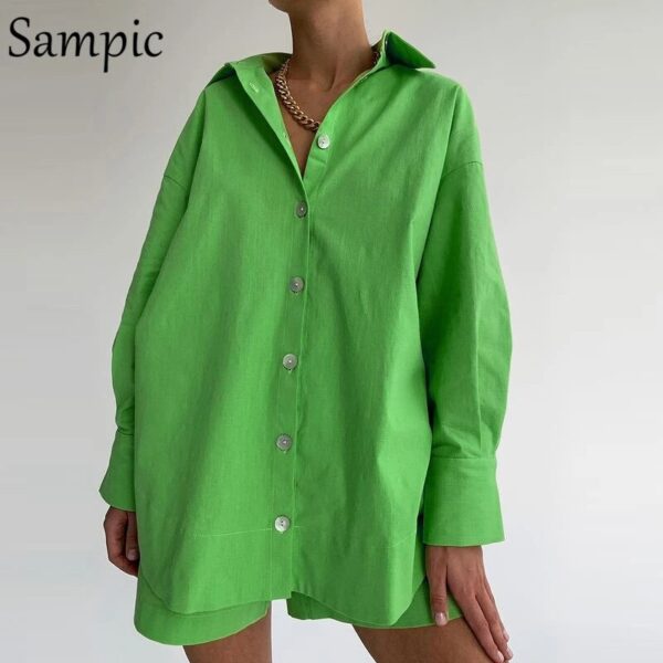 Sampic Loung Wear Tracksuit Women Shorts Set Stripe Long Sleeve Shirt Tops And Waist Loose High Mini Shorts Two Piece Sets 2021 - Image 11