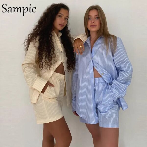 Sampic Loung Wear Tracksuit Women Shorts Set Stripe Long Sleeve Shirt Tops And Waist Loose High Mini Shorts Two Piece Sets 2021 - Image 4