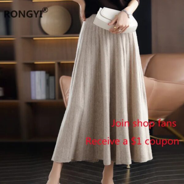RONGYI 100%Wool Skirt Women Autumn High End Wild Pleated Fashion Thicken Elegant Winter Long Cashmere Knit Skirt Elastic Waist - Image 2
