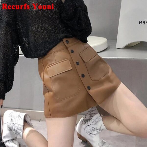 Leather Skirt Shorts For Women 2023 Korean Harajuku High Waist Pocket Single Breasted  A-line Pants Lady White Casual Skorts - Image 4