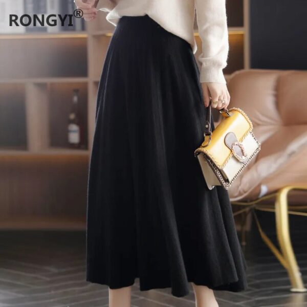 RONGYI 100%Wool Skirt Women Autumn High End Wild Pleated Fashion Thicken Elegant Winter Long Cashmere Knit Skirt Elastic Waist - Image 5