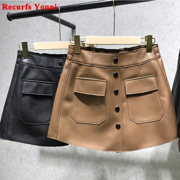 Leather Skirt Shorts For Women 2023 Korean Harajuku High Waist Pocket Single Breasted  A-line Pants Lady White Casual Skorts - Image 3