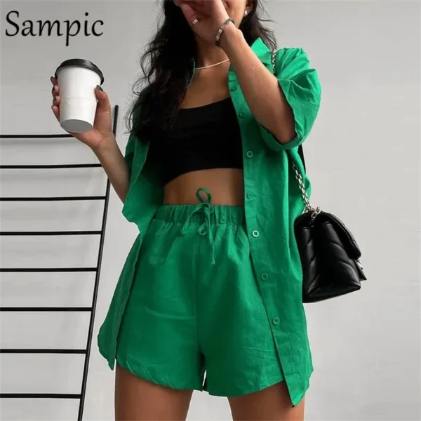 Sampic Loung Wear Tracksuit Women Shorts Set Stripe Long Sleeve Shirt Tops And Waist Loose High Mini Shorts Two Piece Sets 2021 - Image 14