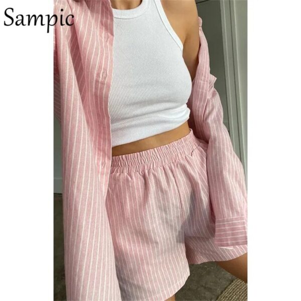 Sampic Loung Wear Tracksuit Women Shorts Set Stripe Long Sleeve Shirt Tops And Waist Loose High Mini Shorts Two Piece Sets 2021 - Image 8