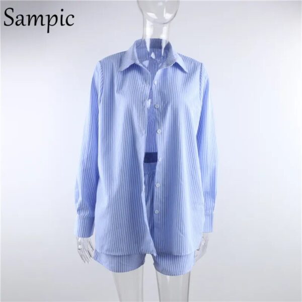 Sampic Loung Wear Tracksuit Women Shorts Set Stripe Long Sleeve Shirt Tops And Waist Loose High Mini Shorts Two Piece Sets 2021 - Image 5
