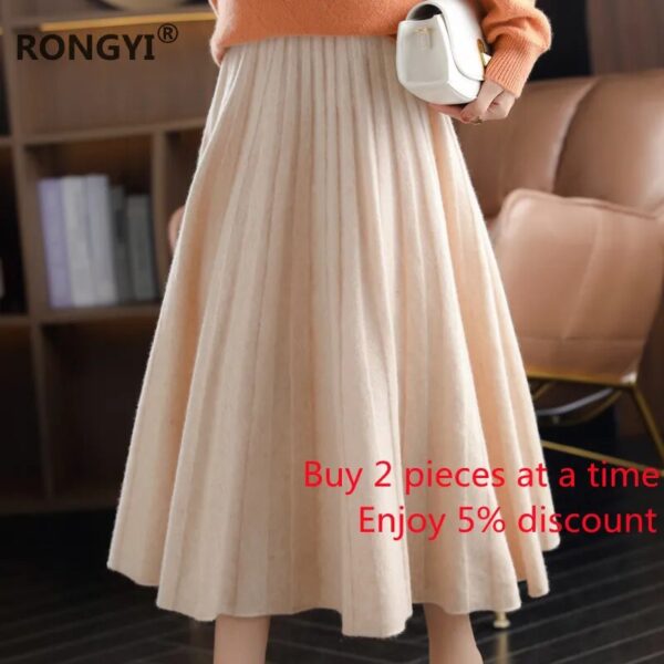 RONGYI 100%Wool Skirt Women Autumn High End Wild Pleated Fashion Thicken Elegant Winter Long Cashmere Knit Skirt Elastic Waist - Image 3