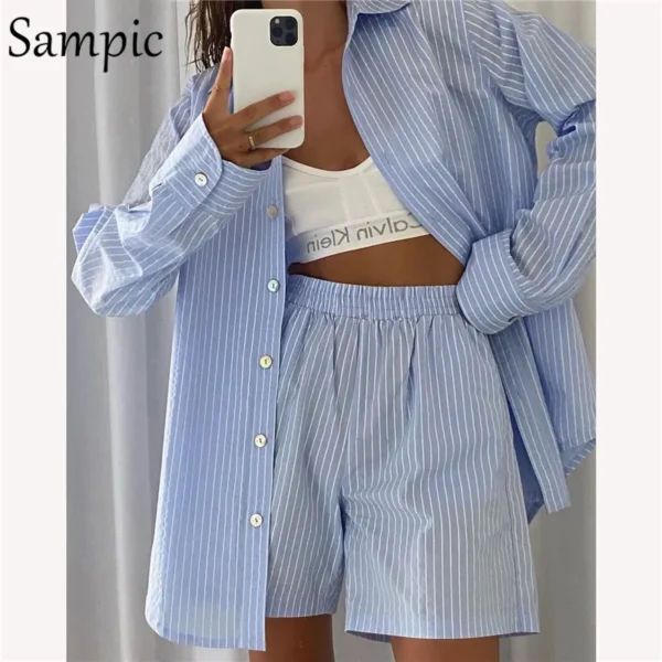 Sampic Loung Wear Tracksuit Women Shorts Set Stripe Long Sleeve Shirt Tops And Waist Loose High Mini Shorts Two Piece Sets 2021 - Image 7