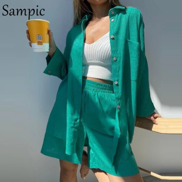 Sampic Loung Wear Tracksuit Women Shorts Set Stripe Long Sleeve Shirt Tops And Waist Loose High Mini Shorts Two Piece Sets 2021 - Image 10