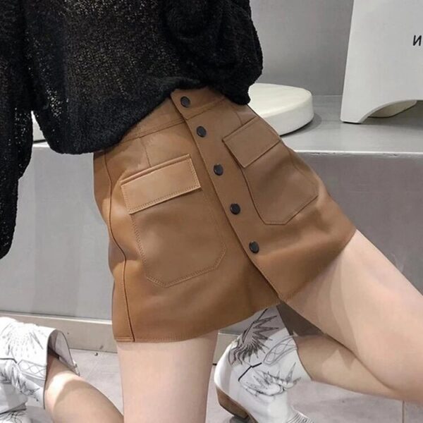 Leather Skirt Shorts For Women 2023 Korean Harajuku High Waist Pocket Single Breasted  A-line Pants Lady White Casual Skorts - Image 8
