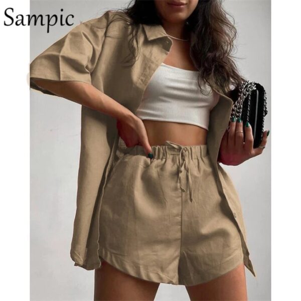 Sampic Loung Wear Tracksuit Women Shorts Set Stripe Long Sleeve Shirt Tops And Waist Loose High Mini Shorts Two Piece Sets 2021 - Image 12