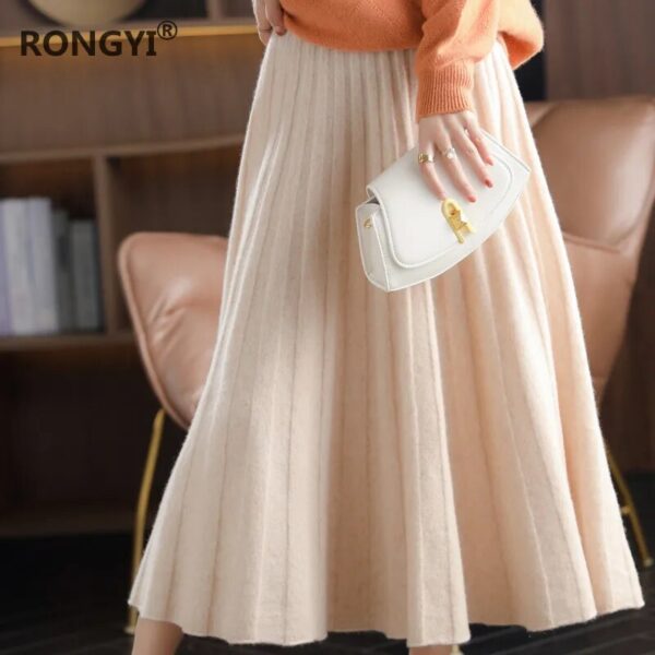 RONGYI 100%Wool Skirt Women Autumn High End Wild Pleated Fashion Thicken Elegant Winter Long Cashmere Knit Skirt Elastic Waist - Image 6