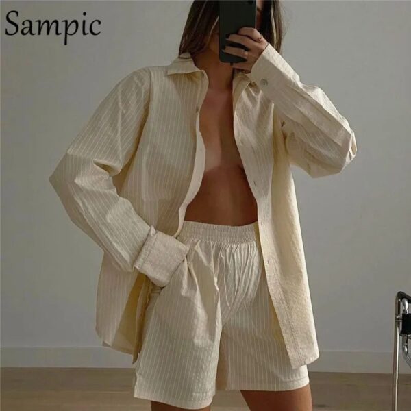 Sampic Loung Wear Tracksuit Women Shorts Set Stripe Long Sleeve Shirt Tops And Waist Loose High Mini Shorts Two Piece Sets 2021 - Image 2