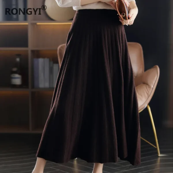 RONGYI 100%Wool Skirt Women Autumn High End Wild Pleated Fashion Thicken Elegant Winter Long Cashmere Knit Skirt Elastic Waist - Image 4