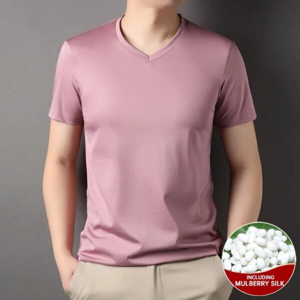 Top Grade 1.7% Mulberry Silk New Summer Brand Tops V Neck t Shirts For Men 2023 Short Sleeve Casual Fashion Mens Clothing - Image 13