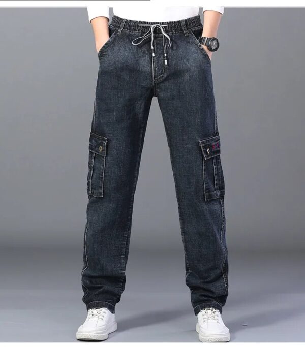 Cargo Jeans Men Elastic Plus Size 48 46 44 42 High Waist Trousers Straight Work Pants Casual Stretched Black Denim Streetwear - Image 7