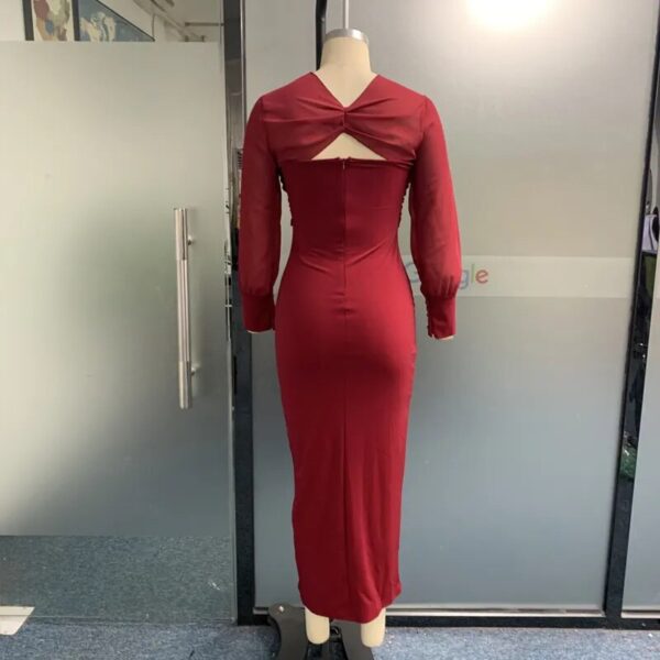 MECOCICI Women Maxi Dress Autumn Fashion Elegant Solid V Neck Long Sleeves Cutout Pleated Nipped Waist Dresses High Streetwear - Image 5
