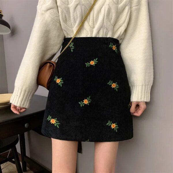 Fashion Trends Sweet Preppy Style Office Lady Floral Embroidery Corduroy High Waist A-line Package Hip Skirt