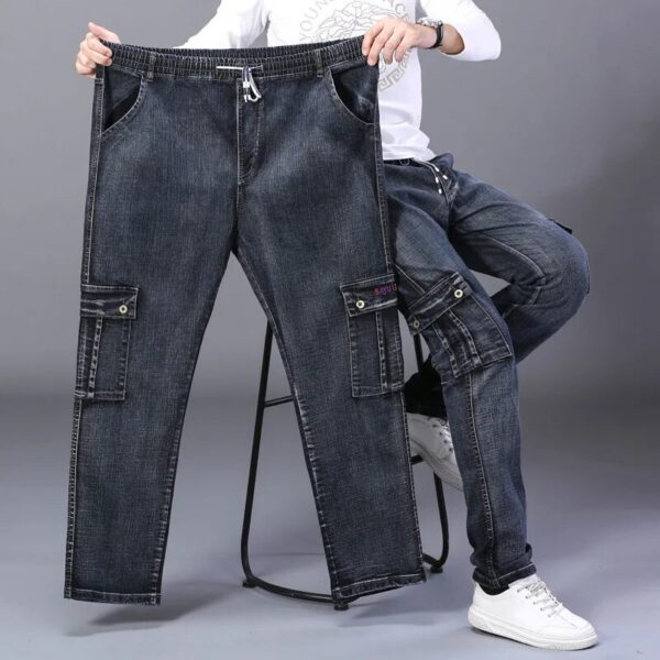 Cargo Jeans Men Elastic Plus Size 48 46 44 42 High Waist Trousers Straight Work Pants Casual Stretched Black Denim Streetwear - Image 2