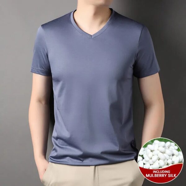 Top Grade 1.7% Mulberry Silk New Summer Brand Tops V Neck t Shirts For Men 2023 Short Sleeve Casual Fashion Mens Clothing - Image 9