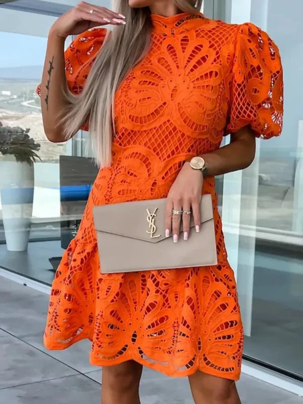 White Lace Dress Women Summer Sexy Hollow Out Embroidered Mini Dresses Female Vintage Elegant Fashion Puff Sleeve Short Dresses - Image 5