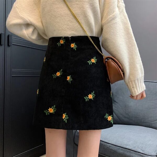 Fashion Trends Sweet Preppy Style Office Lady Floral Embroidery Corduroy High Waist A-line Package Hip Skirt - Image 3