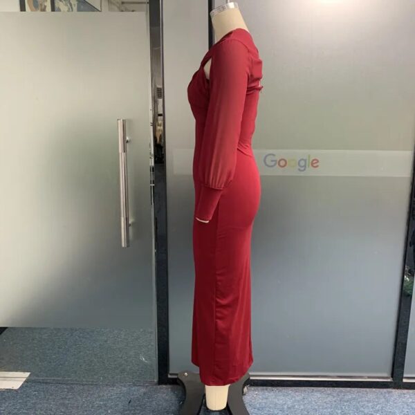 MECOCICI Women Maxi Dress Autumn Fashion Elegant Solid V Neck Long Sleeves Cutout Pleated Nipped Waist Dresses High Streetwear - Image 6