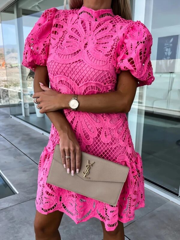 White Lace Dress Women Summer Sexy Hollow Out Embroidered Mini Dresses Female Vintage Elegant Fashion Puff Sleeve Short Dresses - Image 4