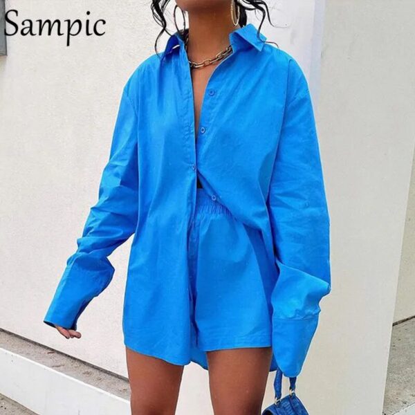 Sampic Loung Wear Tracksuit Women Shorts Set Stripe Long Sleeve Shirt Tops And Waist Loose High Mini Shorts Two Piece Sets 2021 - Image 17