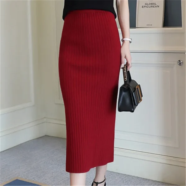 Woolen Skirts for Women Long Faldas Largas Knitted Saias Midi Slim Office Autumn Winter Jupe Femme Pencil Skirt Black Ropa Mujer - Image 3