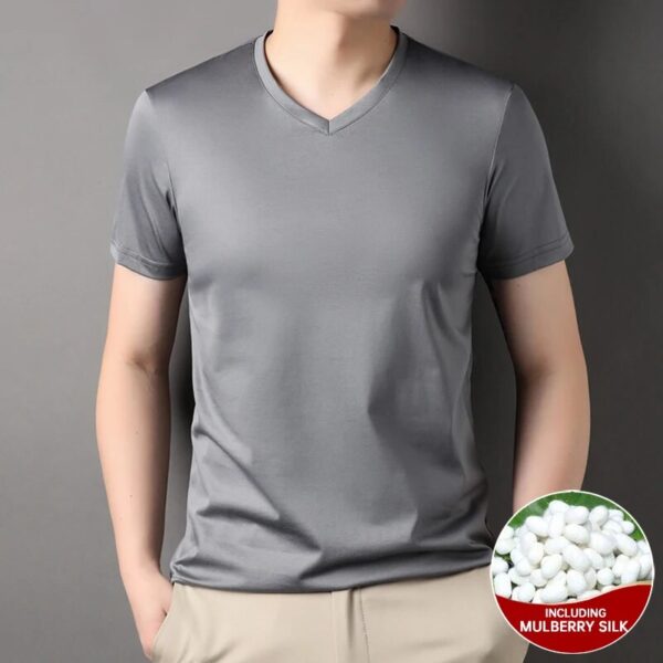 Top Grade 1.7% Mulberry Silk New Summer Brand Tops V Neck t Shirts For Men 2023 Short Sleeve Casual Fashion Mens Clothing - Image 5