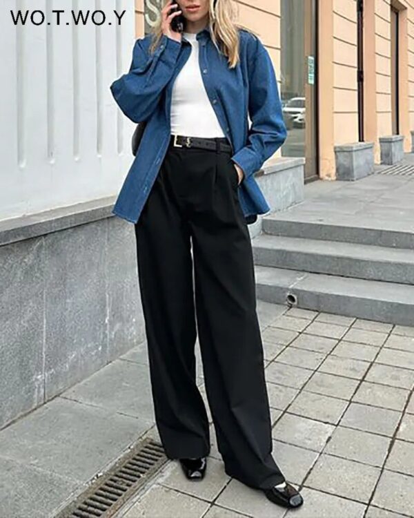 WOTWOY Spring Summer Casual Loose High Waist Pants Women 2023 Office Lady Full Length Trousers Female Wide Leg Pants Black White - Image 7