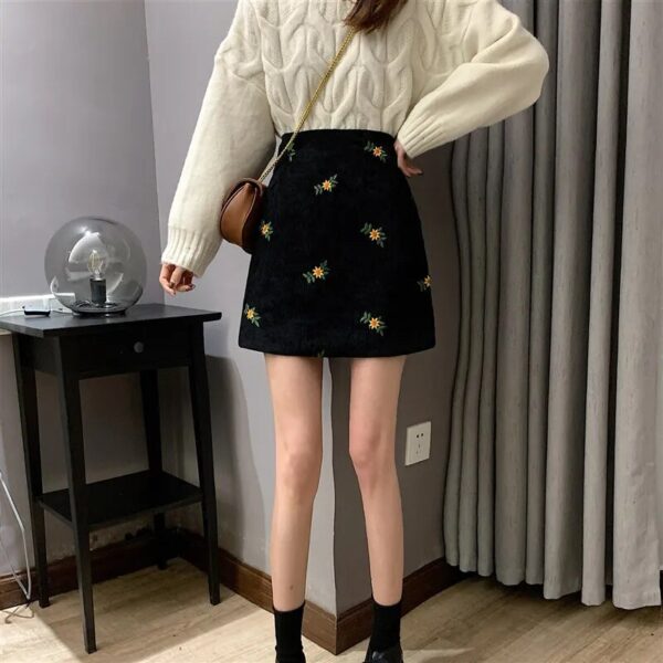 Fashion Trends Sweet Preppy Style Office Lady Floral Embroidery Corduroy High Waist A-line Package Hip Skirt - Image 2