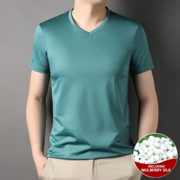 Top Grade 1.7% Mulberry Silk New Summer Brand Tops V Neck t Shirts For Men 2023 Short Sleeve Casual Fashion Mens Clothing - Image 11