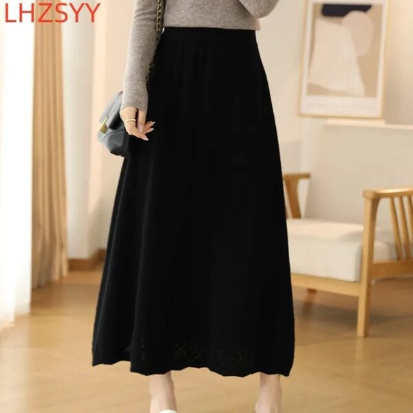LHZSYY 100% Pure Wool Skirt Ladies Autumn Winter Loose Long High Waisted A-Line Cashmere Skirts Knitted Versatile Bag Hip Skirts - Image 5