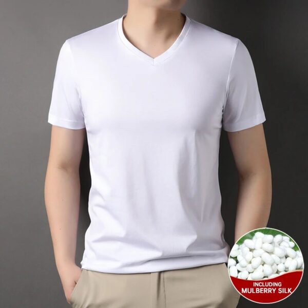 Top Grade 1.7% Mulberry Silk New Summer Brand Tops V Neck t Shirts For Men 2023 Short Sleeve Casual Fashion Mens Clothing - Image 14