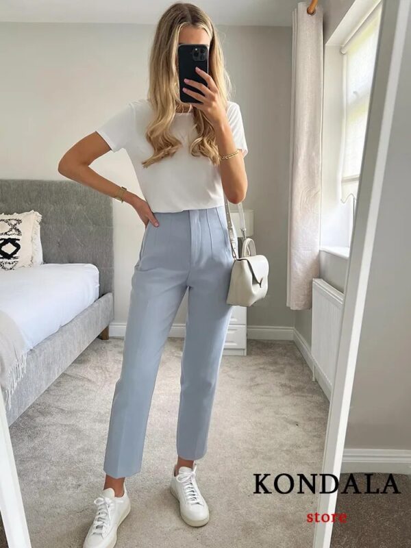 KONDALA Women Light Blue Chic Fashion Office Wear Straight Pants Vintage High Waist Zipper Fly Female Trousers Fashion 2023 - Image 2