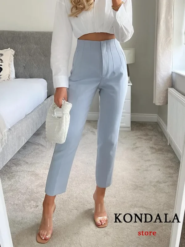 KONDALA Women Light Blue Chic Fashion Office Wear Straight Pants Vintage High Waist Zipper Fly Female Trousers Fashion 2023