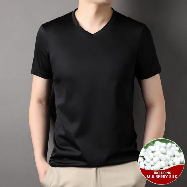 Top Grade 1.7% Mulberry Silk New Summer Brand Tops V Neck t Shirts For Men 2023 Short Sleeve Casual Fashion Mens Clothing - Image 7