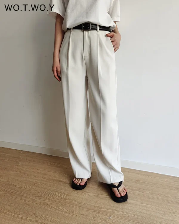 WOTWOY Spring Summer Casual Loose High Waist Pants Women 2023 Office Lady Full Length Trousers Female Wide Leg Pants Black White