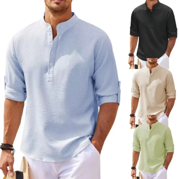 Cotton Linen Hot Sale Men's Long-Sleeved Shirts Spring Autumn Solid Color Stand-Up Collar Casual Beach Style Plus Size S-5XL - Image 6