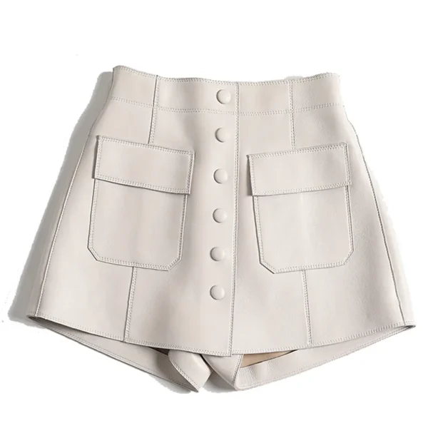 Leather Skirt Shorts For Women 2023 Korean Harajuku High Waist Pocket Single Breasted  A-line Pants Lady White Casual Skorts