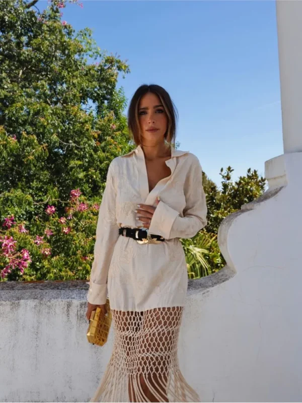Women Fashion Solid Print Tassels Shirt Dress Elegant Long Sleeves Laple Patchwork Midi Dresses Summer Casual Loose Streetwear - Image 7