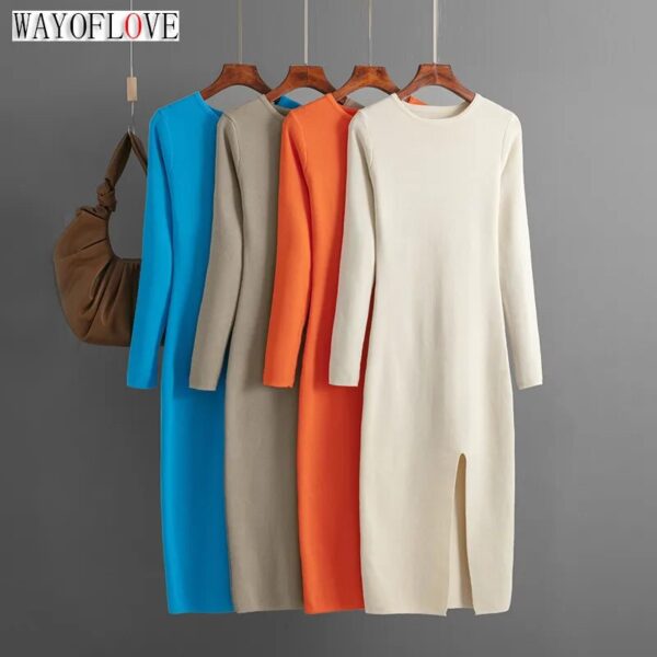WAYOFLOVE Autumn Winter Knitted Elegant Pretty Women's Dress Long Sleeve O-neck Wrap Vestidos Slim Package Hip Dresses With Slit