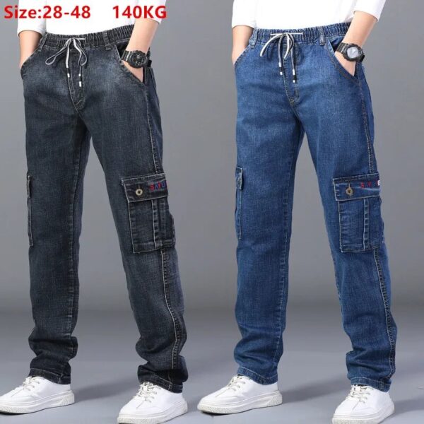 Cargo Jeans Men Elastic Plus Size 48 46 44 42 High Waist Trousers Straight Work Pants Casual Stretched Black Denim Streetwear