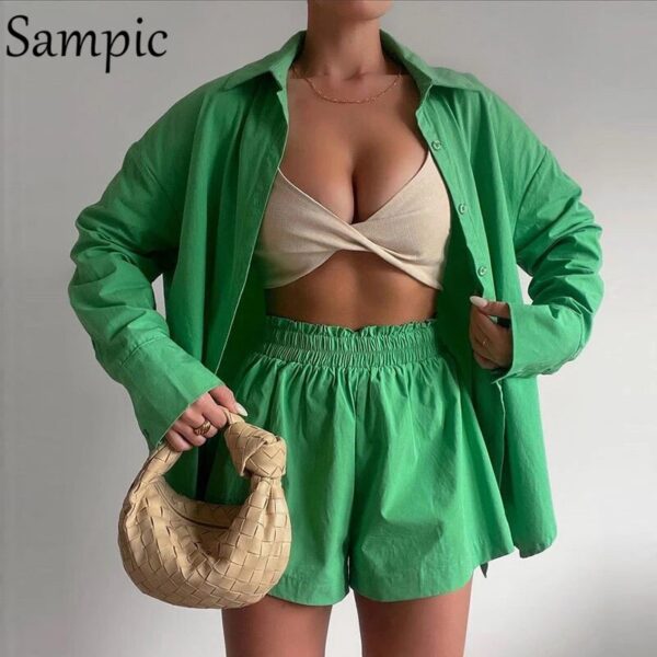 Sampic Loung Wear Tracksuit Women Shorts Set Stripe Long Sleeve Shirt Tops And Waist Loose High Mini Shorts Two Piece Sets 2021 - Image 15