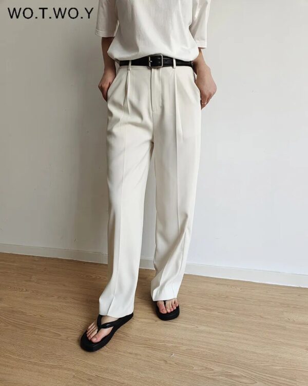 WOTWOY Spring Summer Casual Loose High Waist Pants Women 2023 Office Lady Full Length Trousers Female Wide Leg Pants Black White - Image 2