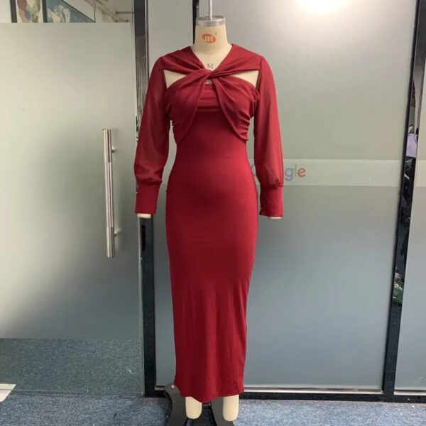 MECOCICI Women Maxi Dress Autumn Fashion Elegant Solid V Neck Long Sleeves Cutout Pleated Nipped Waist Dresses High Streetwear - Image 4