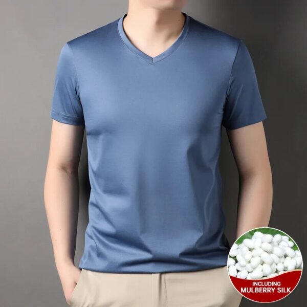 Top Grade 1.7% Mulberry Silk New Summer Brand Tops V Neck t Shirts For Men 2023 Short Sleeve Casual Fashion Mens Clothing - Image 8