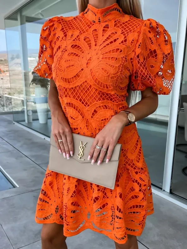 White Lace Dress Women Summer Sexy Hollow Out Embroidered Mini Dresses Female Vintage Elegant Fashion Puff Sleeve Short Dresses - Image 3